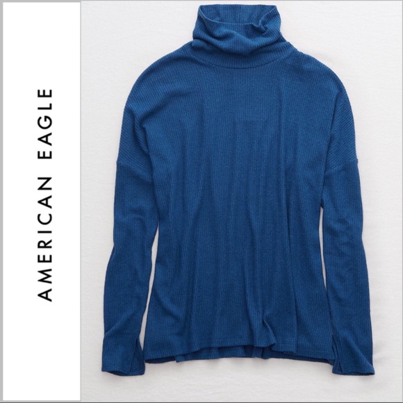 Aerie AE Plush Ribbed Turtleneck Chakra Blue - Picture 2 of 10